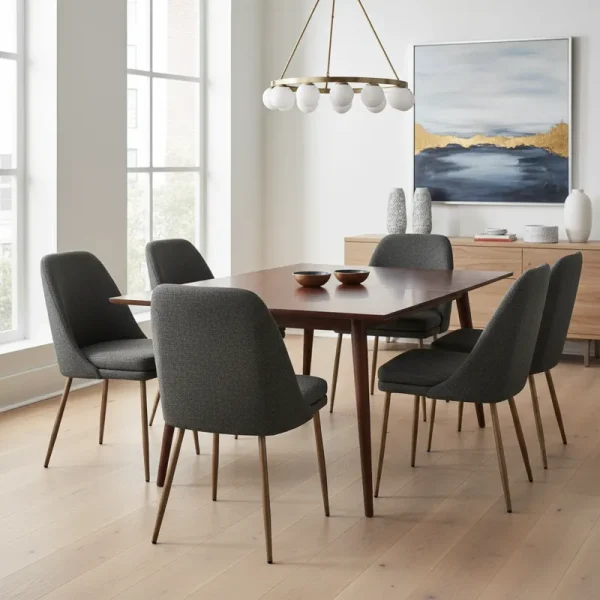 Set of 6 stylish dining room chairs, featuring a modern design with comfortable upholstered seats and sturdy wooden legs. Ideal for a contemporary dining space.