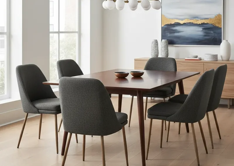 Set of 6 stylish dining room chairs, featuring a modern design with comfortable upholstered seats and sturdy wooden legs. Ideal for a contemporary dining space.