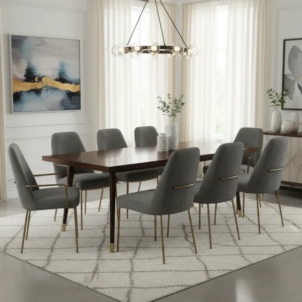 Set of 8 elegant dining room chairs with upholstered seats and wooden legs, arranged around a large dining table in a modern dining space.