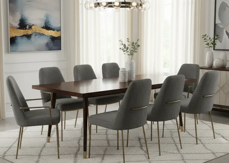 Set of 8 elegant dining room chairs with upholstered seats and wooden legs, arranged around a large dining table in a modern dining space.