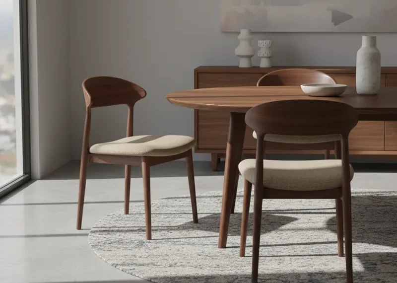 Set of modern walnut dining room chairs with sleek wooden frames and upholstered seats, ideal for contemporary or mid-century dining spaces.