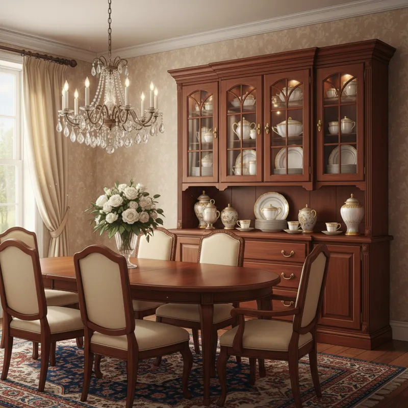 A detailed image of a classic wooden dining room furniture hutch, featuring glass-fronted upper cabinets displaying china and lower solid wood cabinet