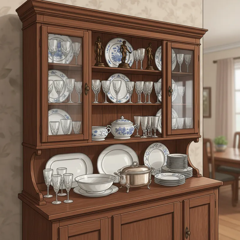 A vibrant image showcasing various items displayed within a hutch's glass cabinets, including antique plates, crystal glasses, and small decorative sc