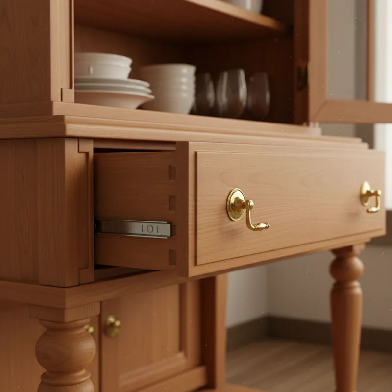 A detailed close-up of a hutch's joinery and hardware, demonstrating high-quality construction materials and finishes, with a focus on a smooth-glidin