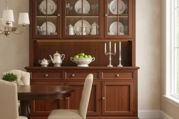 Elegant dining room furniture hutch with glass doors for displaying china and lower cabinet storage, ideal for dinnerware and serving essentials.