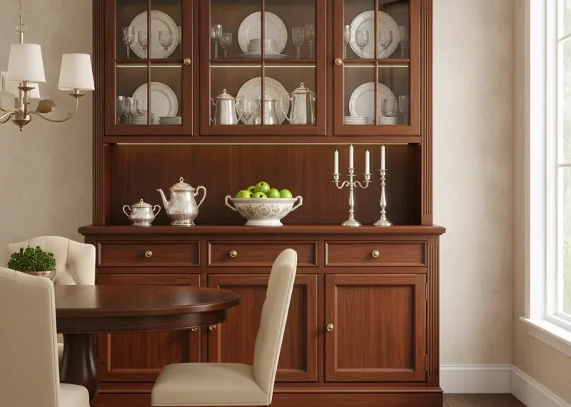 Elegant dining room furniture hutch with glass doors for displaying china and lower cabinet storage, ideal for dinnerware and serving essentials.