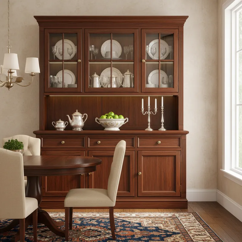 Elegant dining room furniture hutch with glass doors for displaying china and lower cabinet storage, ideal for dinnerware and serving essentials.