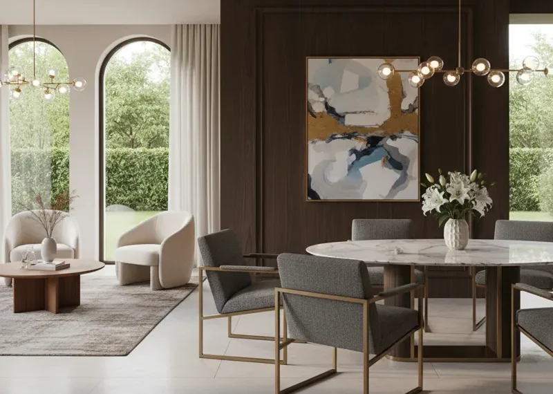 Modern grey upholstered dining room lounge chairs with armrests, providing comfortable seating around a contemporary dining table with wooden accents.