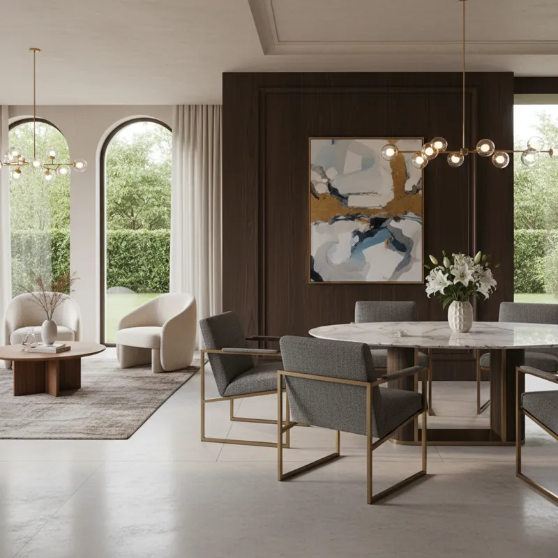 Modern grey upholstered dining room lounge chairs with armrests, providing comfortable seating around a contemporary dining table with wooden accents.