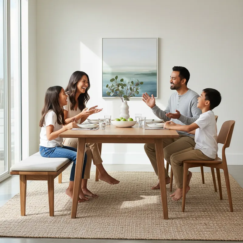 A diverse family of four (two adults, two children) sitting comfortably around a modern wooden dining table with a matching bench on one side and two