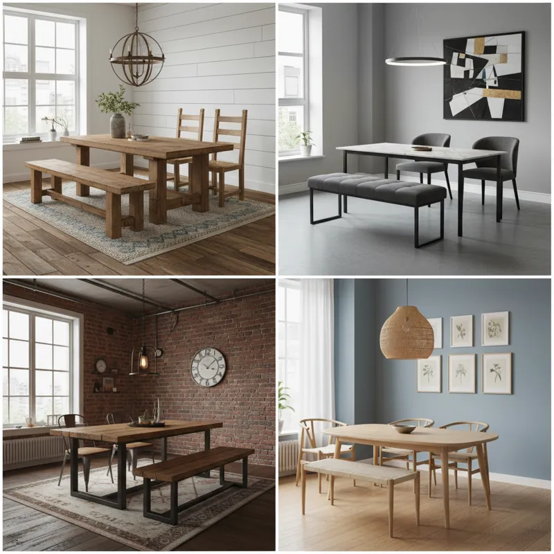 A collage of four different dining room sets with benches, each representing a distinct style: a rustic farmhouse set with a chunky wooden bench, a sl