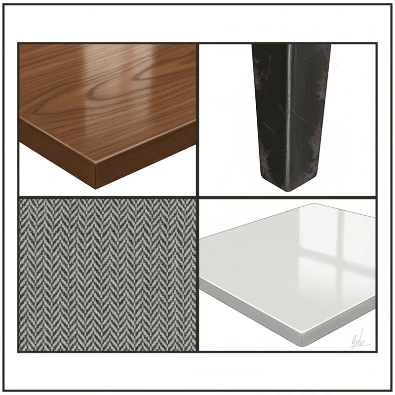 A close-up collage showing different material textures for dining room sets: a smooth, polished oak tabletop, a woven fabric swatch for an upholstered