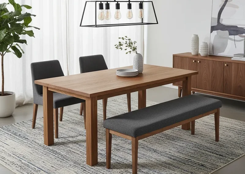 Modern gray dining room set with a rectangular table, a long matching bench on one side, and two individual upholstered chairs on the opposite side, designed for family dining.