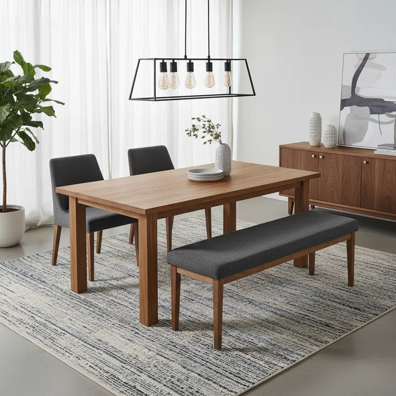 Modern gray dining room set with a rectangular table, a long matching bench on one side, and two individual upholstered chairs on the opposite side, designed for family dining.