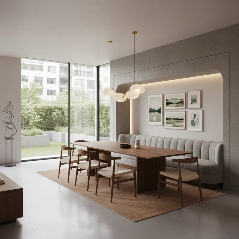 A contemporary dining room in 2026 featuring a sleek, upholstered banquette integrated along one wall with a modern wooden dining table and several in