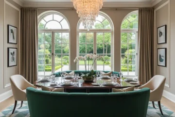 Stylish gray sofa seating integrated into a modern dining room with a light wood table and chairs, providing comfortable banquette-style dining.
