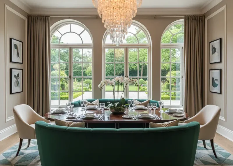 Stylish gray sofa seating integrated into a modern dining room with a light wood table and chairs, providing comfortable banquette-style dining.