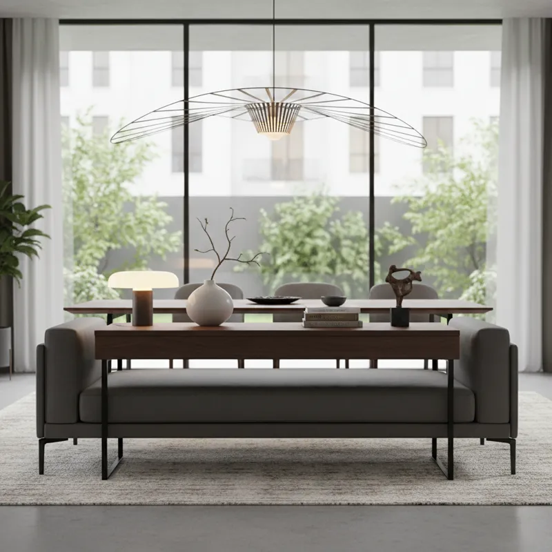 A sleek, modern dining room sofa table positioned behind a low-back dining settee sofa in an open-plan dining area. The table has a minimalist design,