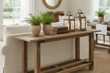 Modern dining room featuring a long wooden sofa table positioned behind a sofa, adorned with decorative vases, books, and lamps, providing extra surface and display space.