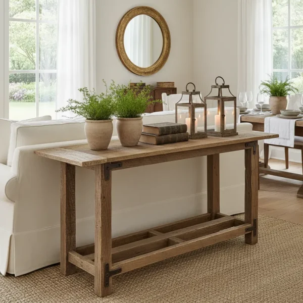 Modern dining room featuring a long wooden sofa table positioned behind a sofa, adorned with decorative vases, books, and lamps, providing extra surface and display space.