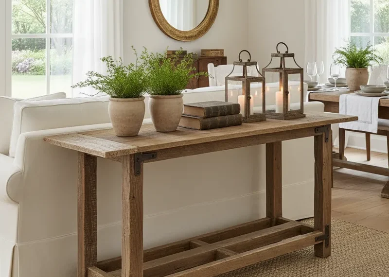 Modern dining room featuring a long wooden sofa table positioned behind a sofa, adorned with decorative vases, books, and lamps, providing extra surface and display space.