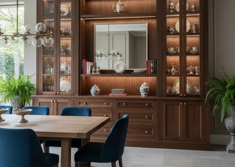Modern dining room storage cabinet, buffet, or sideboard featuring a combination of closed doors and open shelves, ideal for organizing and displaying dishes, glassware, and serving essentials.