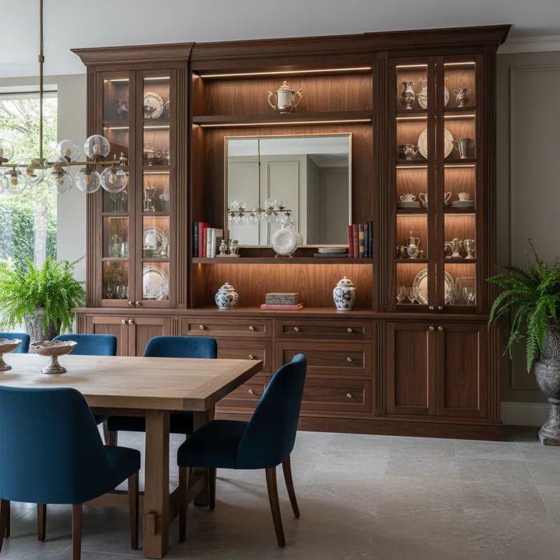 Modern dining room storage cabinet, buffet, or sideboard featuring a combination of closed doors and open shelves, ideal for organizing and displaying dishes, glassware, and serving essentials.