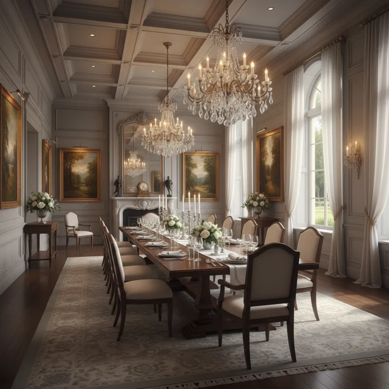 A large, elegant dining room featuring a 120-inch dining table, set with 12 chairs, showcasing ample space around the table for movement. The room has