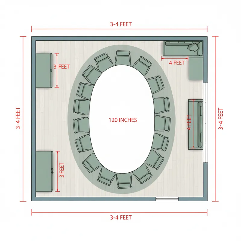 Floor plan diagram illustrating a 120-inch dining table within a room, showing optimal clearance measurements (e.g., 3-4 feet) from walls and other fu