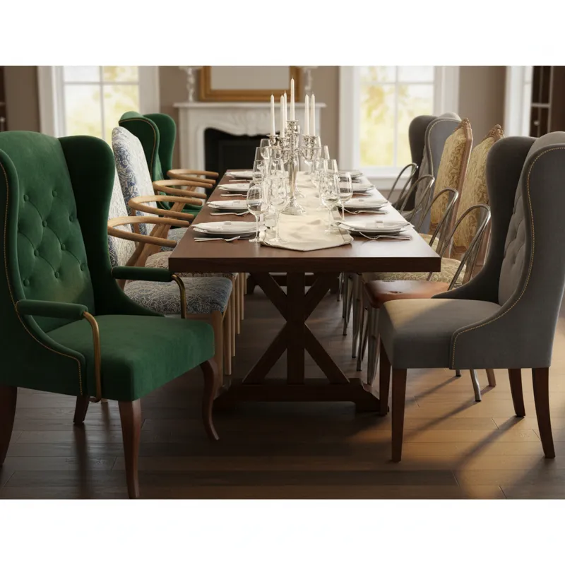 Close-up of a perfectly set 120-inch dining table with a variety of dining chairs, highlighting how different chair styles and widths affect seating c