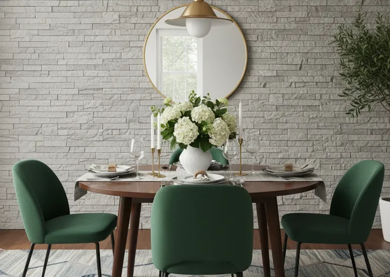 Modern dining room table with four chairs positioned flush against a light grey wall, maximizing space in a compact dining area. The setup is minimalist and functional.