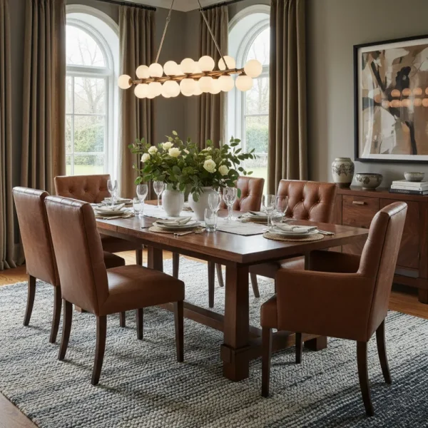 Elegant dining room table with six dark brown leather chairs, ready for a meal.