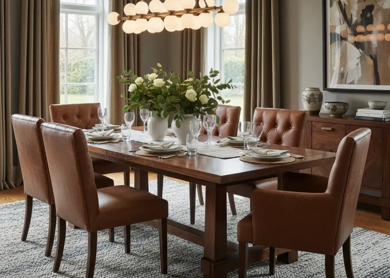 Elegant dining room table with six dark brown leather chairs, ready for a meal.