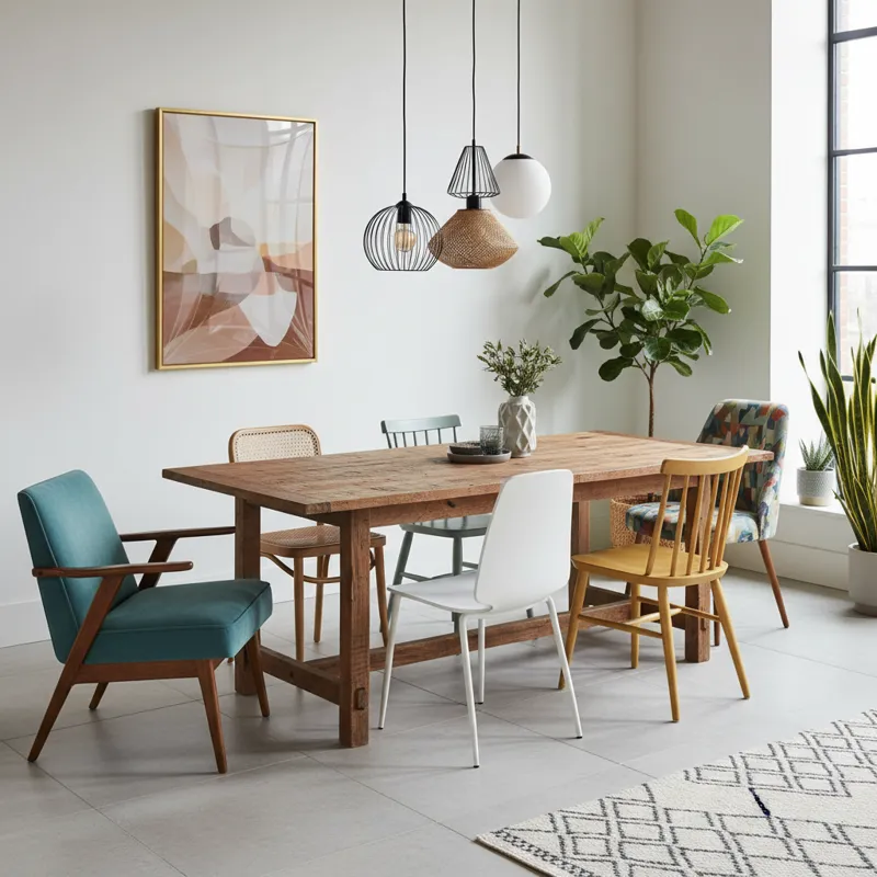 A stylish dining room with a wooden table and a harmonious mix of different chair styles and colors, demonstrating intentional design and visual inter
