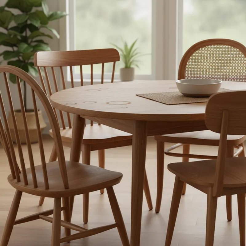 Close-up of four distinct dining chair backs around a table, illustrating a subtle shared element like wood tone or leg style that creates cohesion de