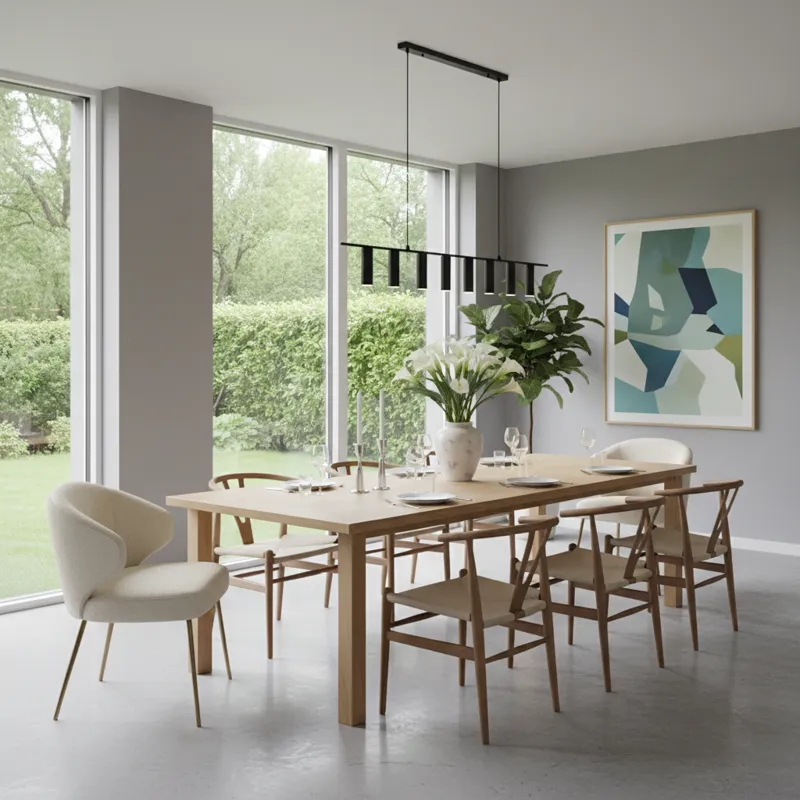 A clean, modern dining area featuring a long table with two distinct styles of chairs: matching upholstered chairs at the ends and a different set of