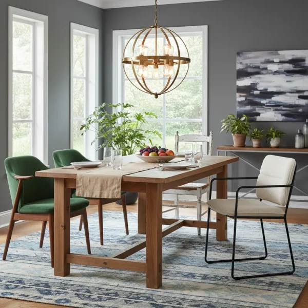 Eclectic dining room featuring a long wooden dining table surrounded by a curated mix of various chair styles, including modern, classic, and upholstered designs, creating a personalized and stylish look.