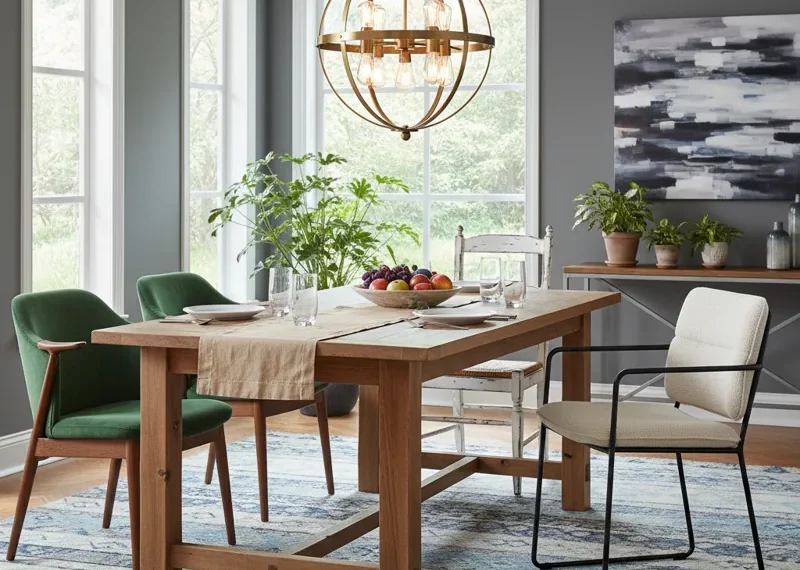 Eclectic dining room featuring a long wooden dining table surrounded by a curated mix of various chair styles, including modern, classic, and upholstered designs, creating a personalized and stylish look.