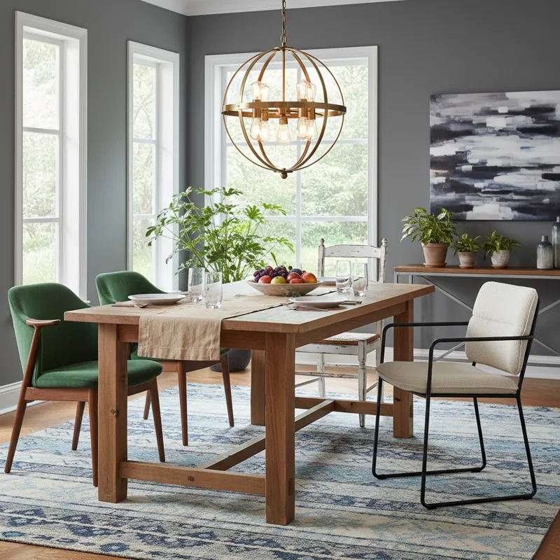 Eclectic dining room featuring a long wooden dining table surrounded by a curated mix of various chair styles, including modern, classic, and upholstered designs, creating a personalized and stylish look.