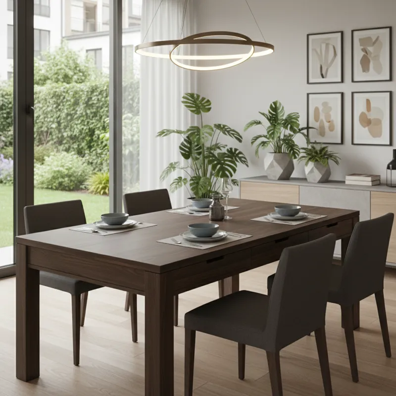 A contemporary dining room featuring a sleek, dark wood dining table with integrated drawers, showcasing how it blends modern design with practical st