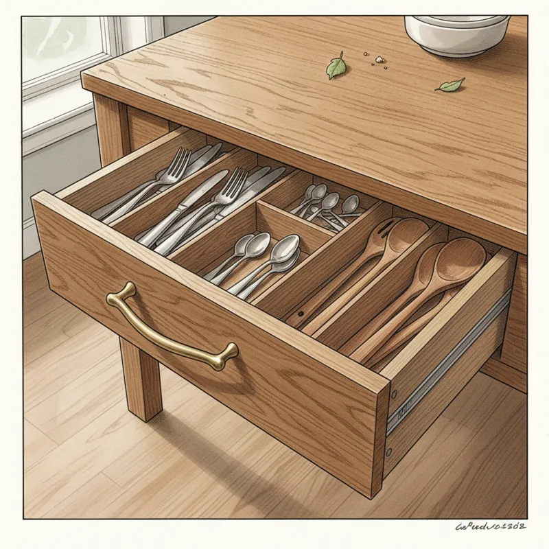 A close-up shot of a well-crafted wooden dining table drawer, partially open, revealing organized compartments inside. The wood grain is visible, and