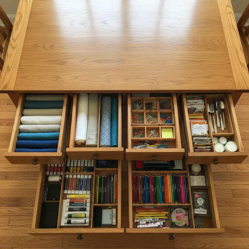 An overhead shot of a dining room table with its drawers neatly organized, showing various items like placemats, napkins, small office supplies, and a