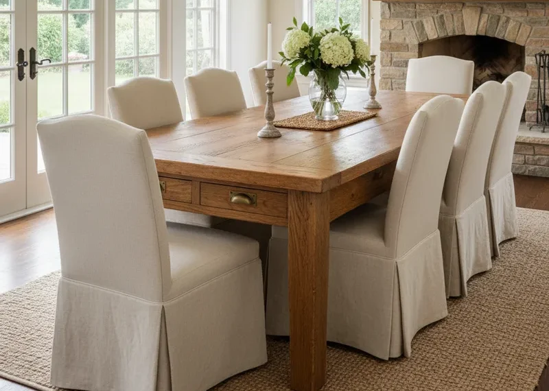 Modern wooden dining room table with integrated storage drawers and a minimalist design, set in a contemporary dining area.