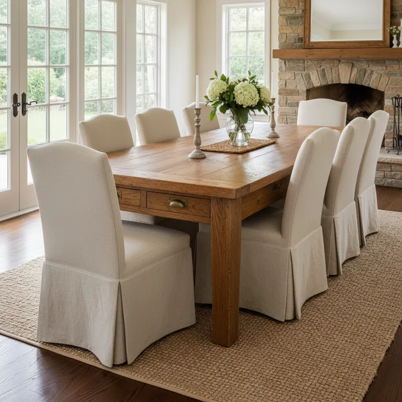 Modern wooden dining room table with integrated storage drawers and a minimalist design, set in a contemporary dining area.