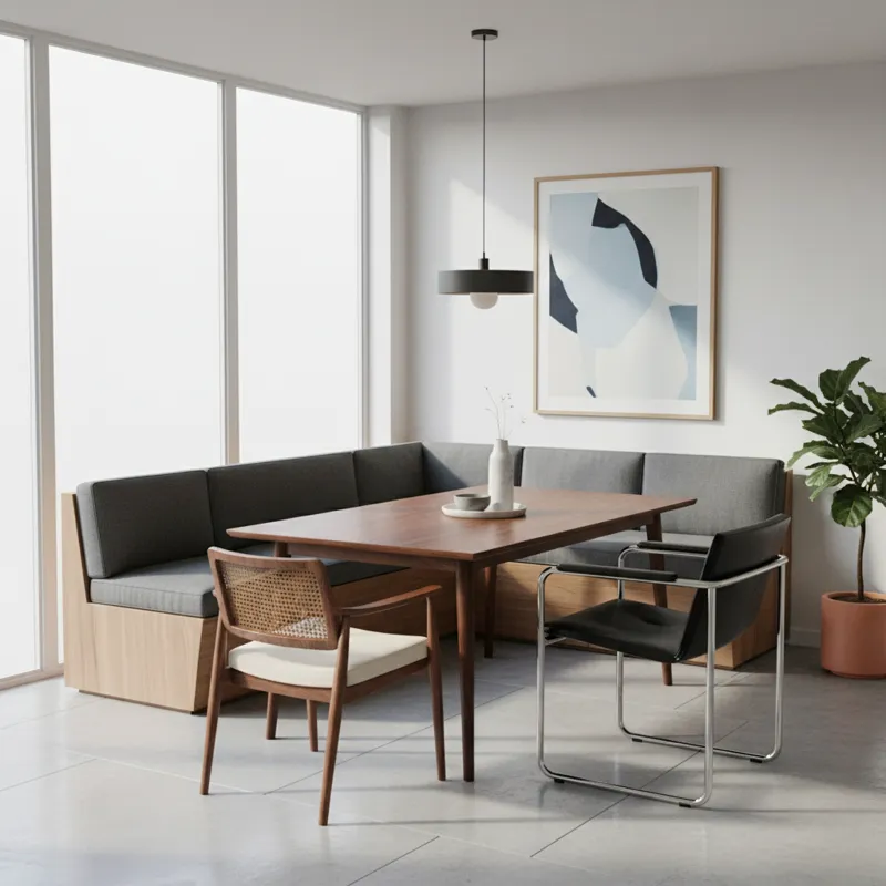 A stylish dining room featuring a sleek wooden L-shaped bench with cushions, paired with a rectangular dining table and two accent chairs. The room ha