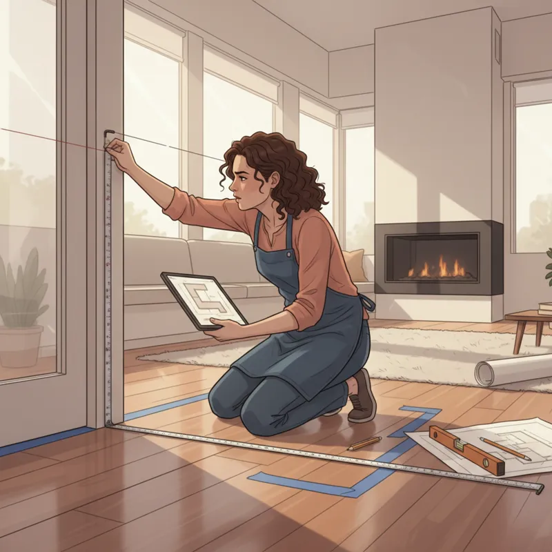 A homeowner using a tape measure to carefully measure the corner of a room, where an L-shaped dining bench is being considered, showing attention to d