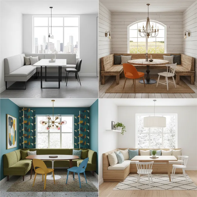 A collage of four distinct L-shaped dining area designs: a modern minimalist setup, a rustic farmhouse nook, a vibrant mid-century modern space, and a
