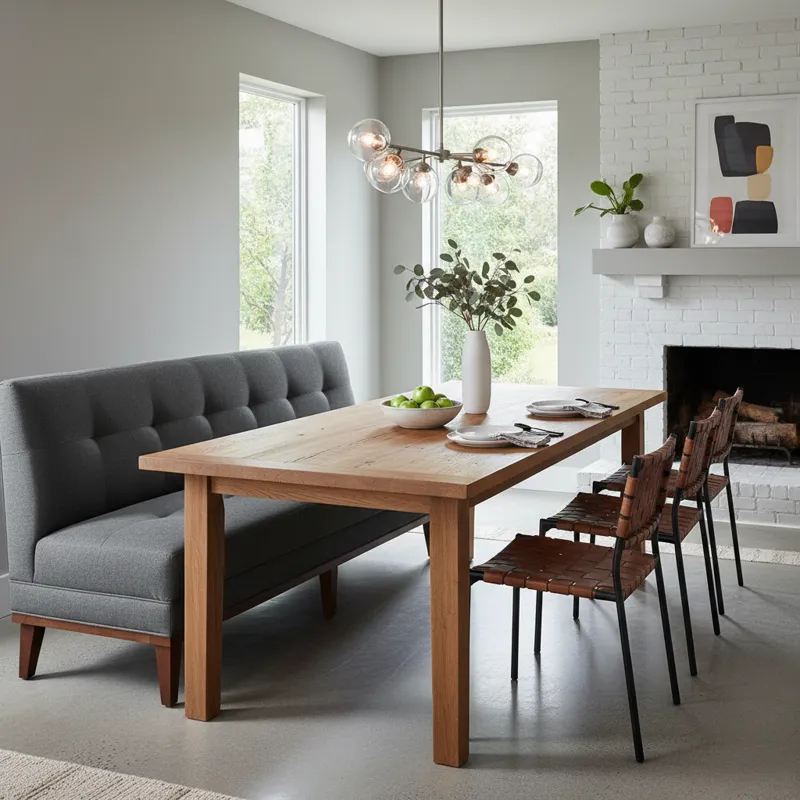 Modern dining room table paired with an L-shaped banquette bench, optimizing corner seating in a contemporary dining area with natural light.