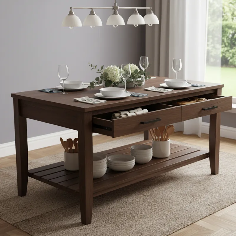 A stylish dining room table with visible storage, such as drawers or shelves, integrated into its design. The table is set for a meal, and the storage
