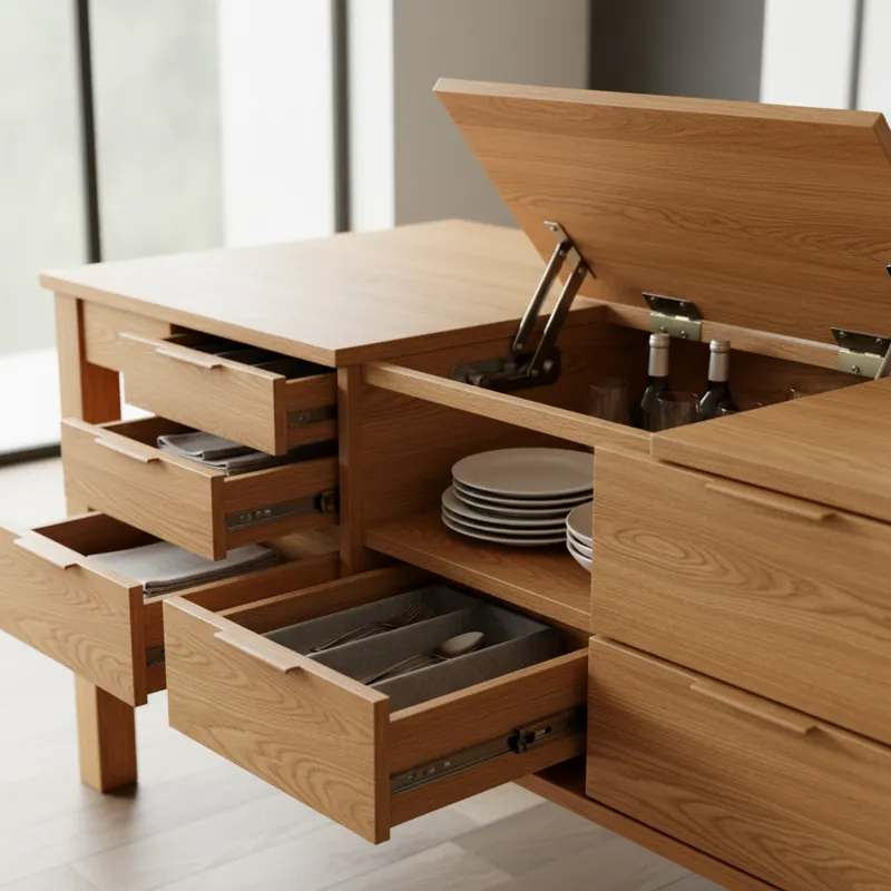 A detailed close-up of a dining table's integrated storage, showing different mechanisms like smoothly sliding drawers, an open shelf, and a lift-top